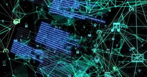 Image of data processing and network of connections with icons on black Illustrazione stock