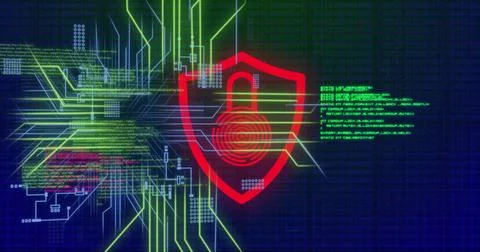 Image of data processing and network of connections over padlock icon on black 库存插图