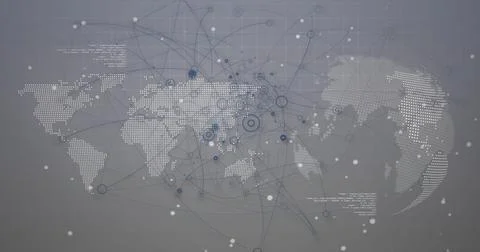 Image of data processing and network of connections over world map and globe Illustrazione stock