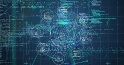 Image of data processing and network of connections over blue background Illustrazione stock