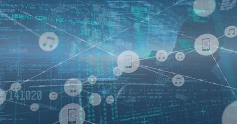 Image of data processing and network of connections over blue background Illustrazione stock