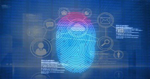 Image of data processing and network of connections over fingerprint icon on 스톡 일러스트