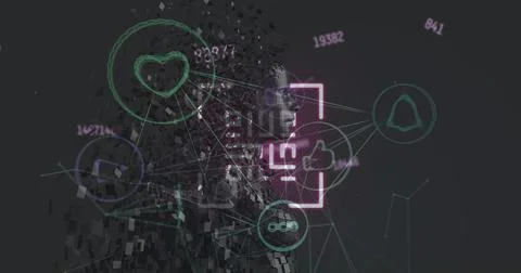 Image of data processing and network of connections with icons over digital 스톡 사진