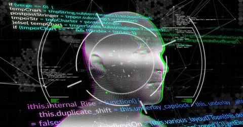 Image of data processing and network of connections over digital human head.. Stockfoto's