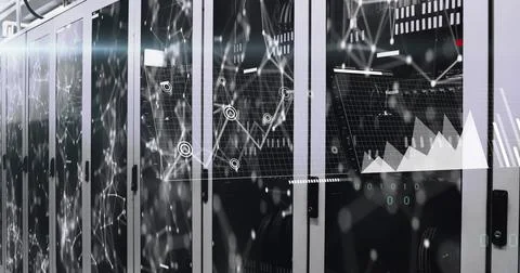 Image of data processing and network of connections against computer server room Stock Photos