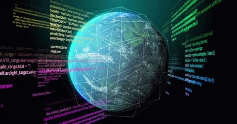 Image of data processing and network of connections over spinning globe on black Stock Photos