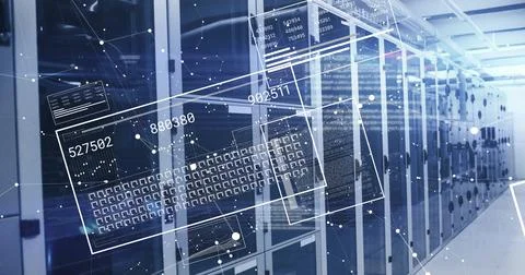 Image of data processing and network of connections over server room 写真素材