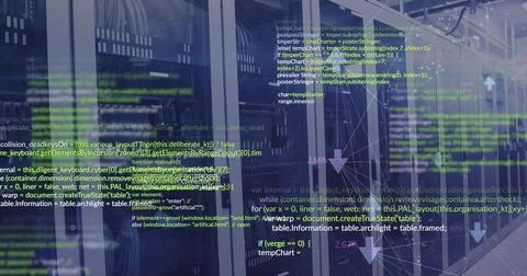 Image of data processing and network of connections over server room 스톡 사진