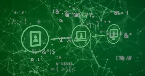 Image of data processing and network of connections with icons on green 写真素材