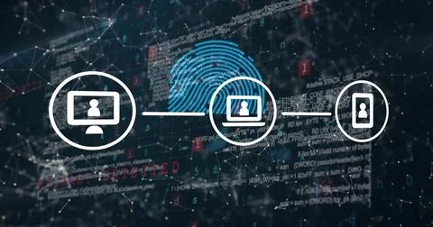 Image of data processing and network of connections with icons over fingerprint Stockfoto's