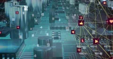Image of data processing and network of connections with icons over computing 스톡 사진