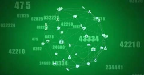 Image of data processing and network of connections with icons over green 库存照片