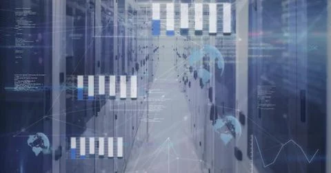 Image of data processing and network of connections over server room 스톡 사진