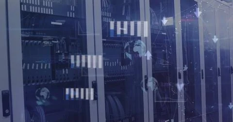 Image of data processing and network of connections over server room Stockfoto's