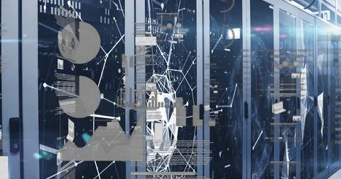 Image of data processing and network of connections over server room 写真素材