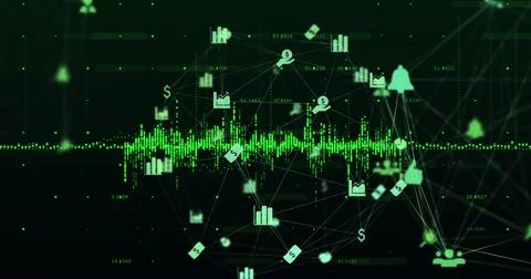 Image of data processing and network of connections over dark background 写真素材