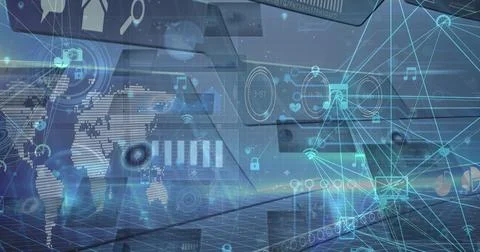 Image of data processing and network of connections over blue background Foto stock