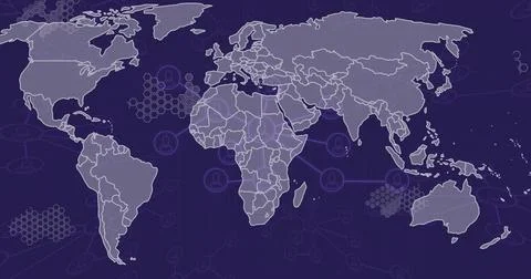 Image of data processing and networks over world map and dark background Stock Illustration