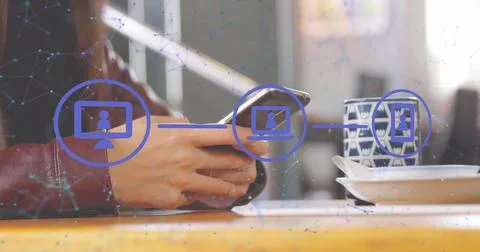 Image of data processing and networks over man using smartphone Stock Photos