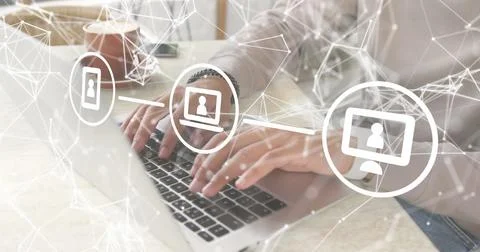 Image of data processing and networks over man using laptop 库存照片