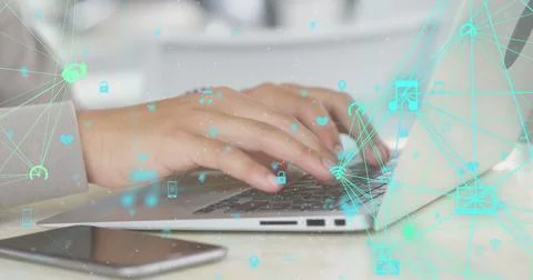 Image of data processing and networks over man using laptop Stock Photos