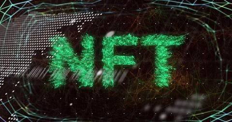 Image of data processing and nft text over black background Stock Illustration