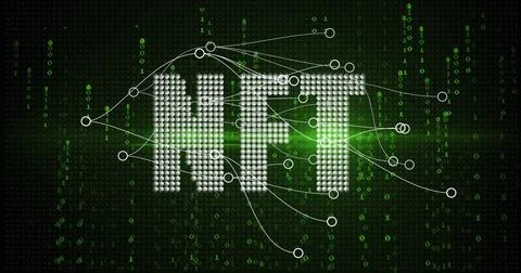 Image of data processing and nft text over black background Illustrazione stock