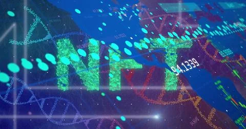 Image of data processing and nft text over blue background 스톡 일러스트