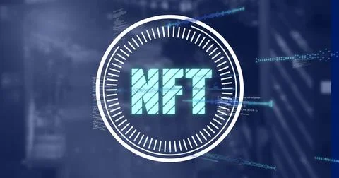 Image of data processing and nft text over blurred background 库存照片