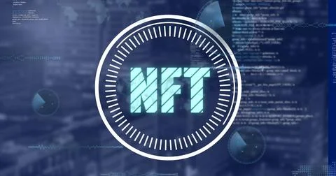 Image of data processing and nft text over blurred background Foto stock
