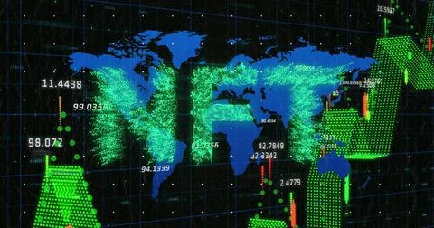 Image of data processing and nft text over black background Stock Photos