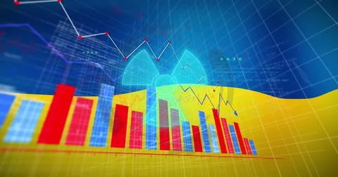 Image of data processing and nuclear symbol over flag of ukraine Illustrazione stock
