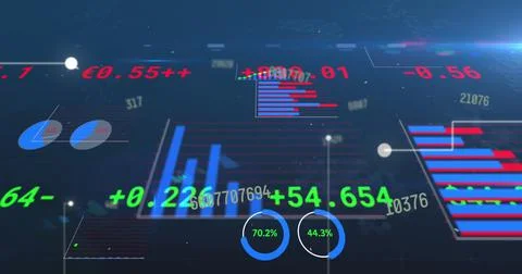 Image of data processing and numbers on blue background 스톡 일러스트