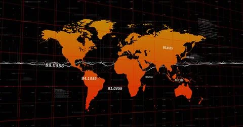 Image of data processing and numbers changing over grid and world map Ilustração Stock