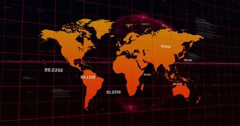 Image of data processing and numbers changing over grid and world map 库存插图