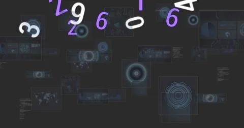 Image of data processing and numbers over scopes scanning on black background Stock Photos