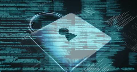 Image of data processing and padlock icon over server room Illustrazione stock