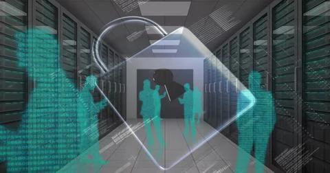 Image of data processing and padlock icon over server room Illustrazione stock