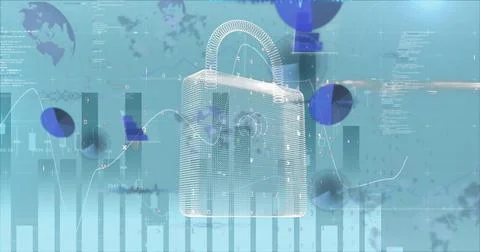 Image of data processing and padlock on blue background Illustrazione stock