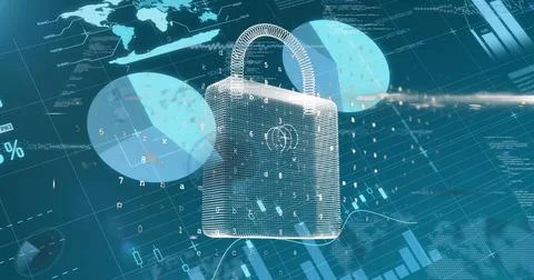 Image of data processing and padlock on blue background イラスト素材