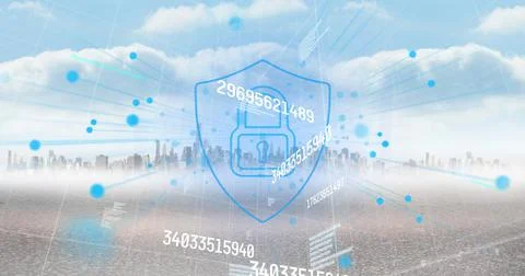Image of data processing and padlock over cityscape イラスト素材