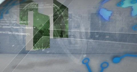 Image of data processing and padlock over cityscape Illustrazione stock