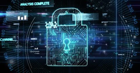 Image of data processing and padlock icon on black background Illustrazione stock