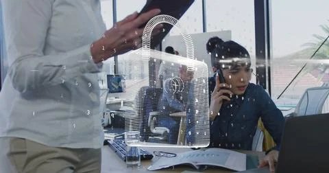 Image of data processing and padlock over diverse business people in office 스톡 일러스트