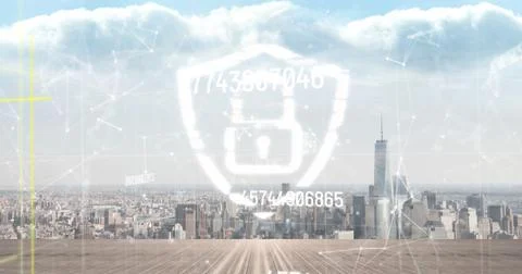 Image of data processing and padlock over cityscape Ilustração Stock