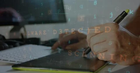 Image of data processing and padlock over caucasian woman taking notes in office Illustrazione stock