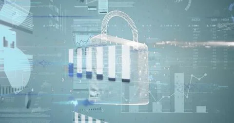 Image of data processing and padlock on blue background Illustrazione stock