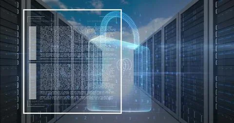 Image of data processing and padlock over server room Illustrazione stock