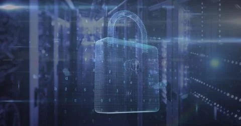 Image of data processing and padlock over server room 写真素材