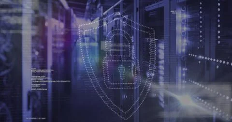 Image of data processing and padlock icon over server room Stock Photos